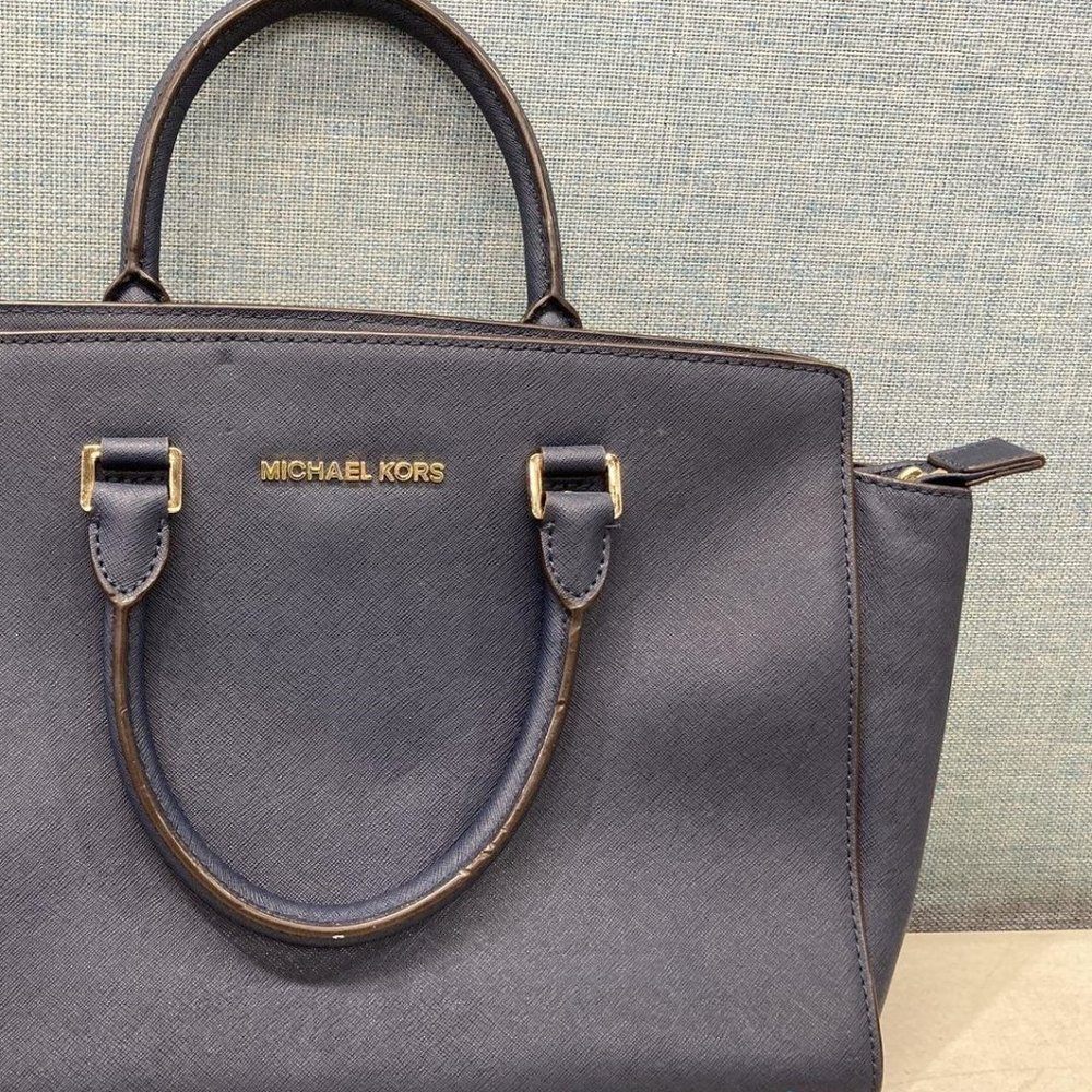 Michael Kors Womens Blue Leather Inner Zip Pocket Double Top Handle Handbag
